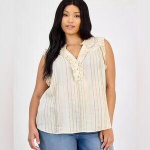 Democracy | Cream Vertical Striped Ruffle V-Neck Sleeveless Top NWT
